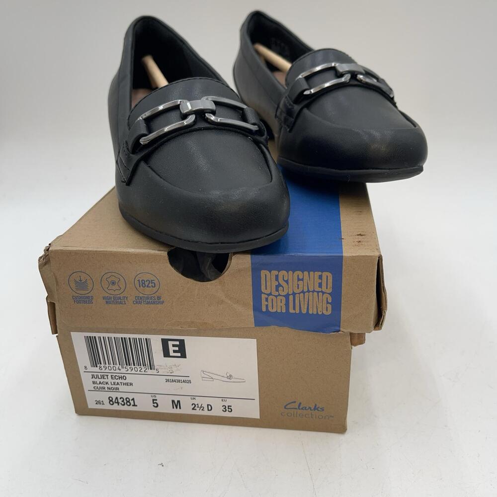 Clarks Juliet Echo Shoes Womens Black Leather Loafer Flats Comfort Size 5 M